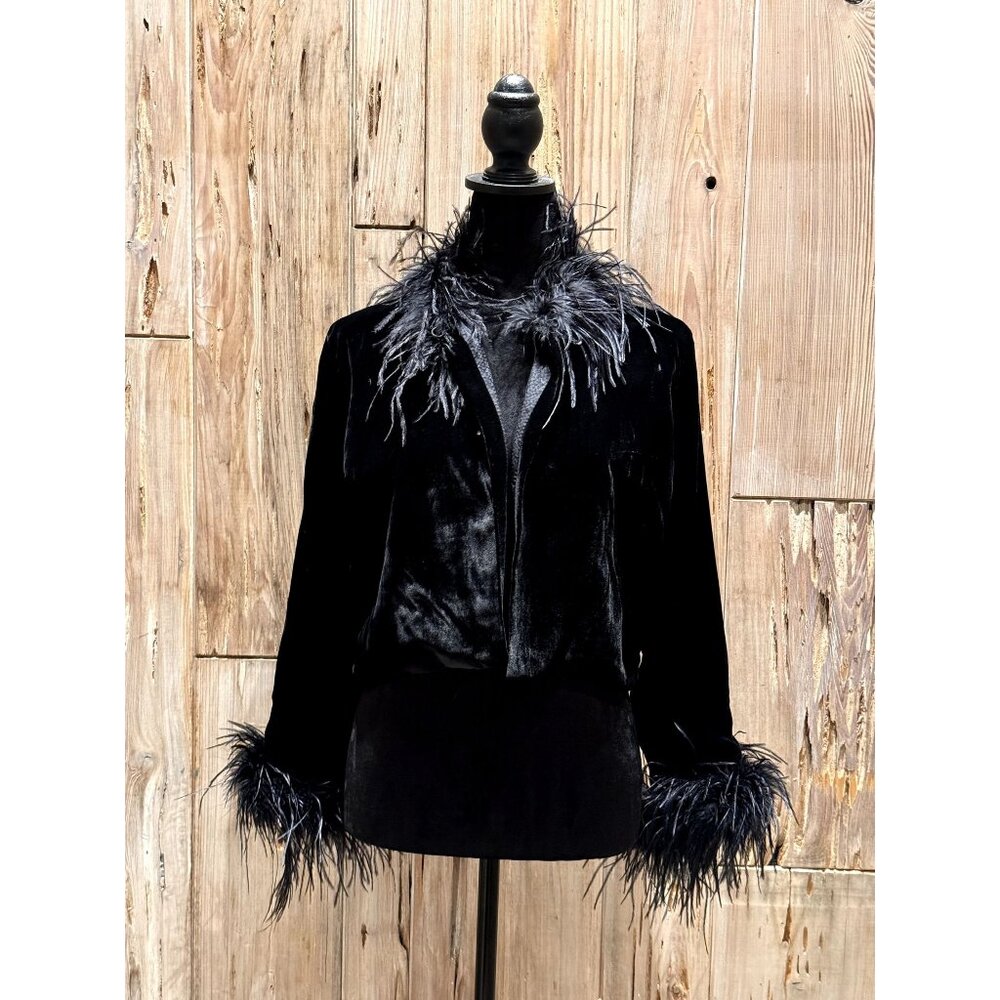 Black Feather-Trim Velvet Bomber Jacket - Luxurious Evening Layer